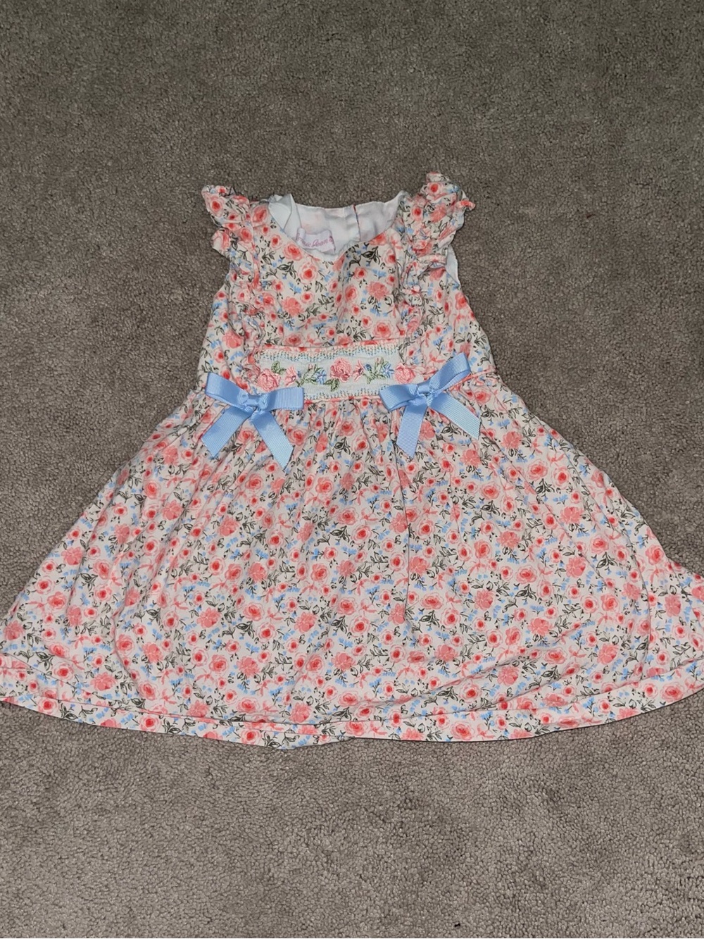 Bonnie Jean 100% Cotton Pink Floral Dress with Blue Bow Details